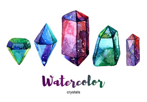 Multicolor minerals. Watercolor illustration of crystal.