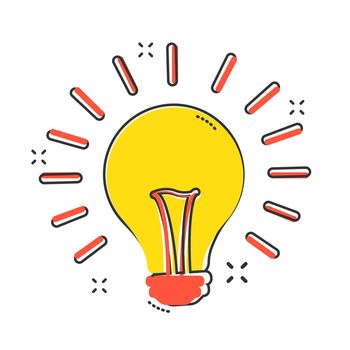 Vector cartoon halogen lightbulb icon in comic style. Light bulb sign illustration pictogram. Idea business splash effect concept.