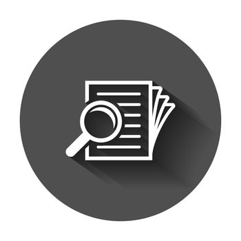 Scrutiny document plan icon in flat style. Review statement vector illustration with long shadow. Document with magnifier loupe business concept.