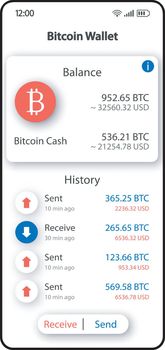 Bitcoin wallet smartphone interface vector template. Mobile app page white design layout. Cryptocurrency organizer screen. Flat UI for application. Monetary transactions phone display