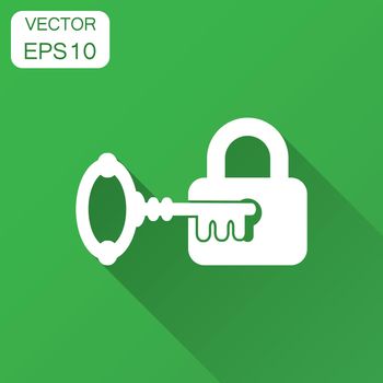 Key with padlock icon in flat style. Access login vector illustration with long shadow. Lock keyhole business concept.
