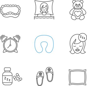 Sleeping accessories linear icons set