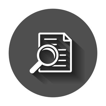 Scrutiny document plan icon in flat style. Review statement vector illustration with long shadow. Document with magnifier loupe business concept.