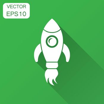 Rocket space ship icon in flat style. Spaceship vector illustration with long shadow. Rocket start business concept.