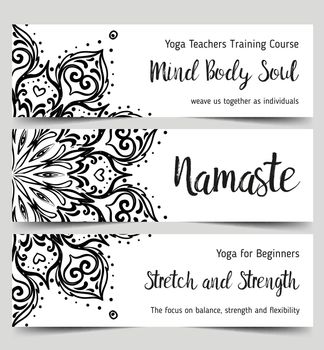Stretch and Strength. Yoga card design template. Black and white banner for spiritual retreat or yoga studio. Ornamental business cards, oriental pattern.