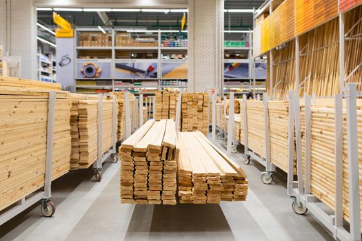 hardware store: shelving with large wooden boards