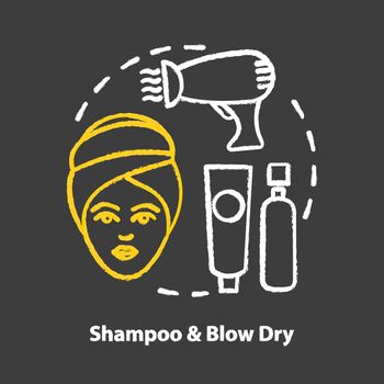 Shampoo and blow dry chalk concept icon. Hair care and treatment products. Hairstyling and hairdo idea. Hairdresser salon, hairstylist parlor. Vector isolated chalkboard illustration