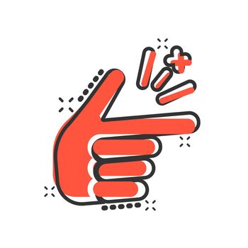 Finger snap icon in comic style. Fingers expression vector cartoon illustration pictogram. Snap gesture business concept splash effect.