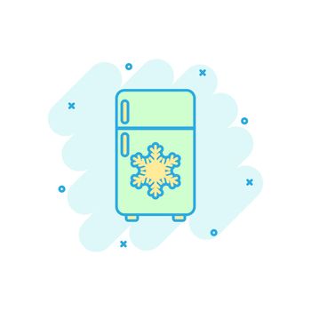 Fridge refrigerator icon in comic style. Freezer container vector cartoon illustration pictogram. Fridge business concept splash effect.