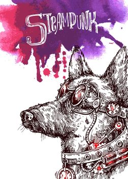 Hand drawn vector sketch of dog. Steampunk style illustration.