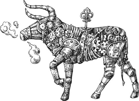 Mechanical bull. Hand drawn vector steampunk animal