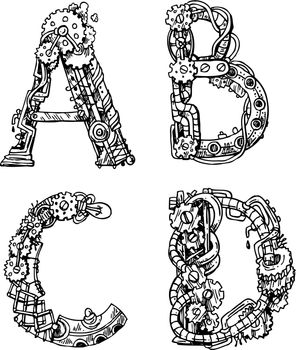 Hand drawn vector seamless pattern with mechanical letters.