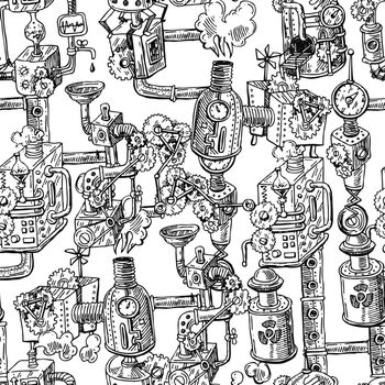 Beautiful hand drawn vector seamless pattern steampunk. Mechanical elements.