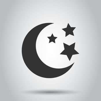 Nighttime moon and stars vector icon in flat style. Lunar night illustration on white background. Moon business concept.