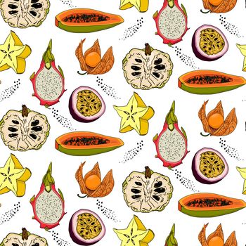 Seamless pattern with various tropical, exotic fruits on white. Vector fruit pattern.