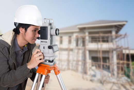 Engineers use tacheometer or theodolite with building construction site