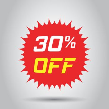 Discount sticker vector icon in flat style. Sale tag sign illustration on white background. Promotion 30 percent discount concept.