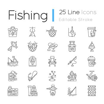 Fishing equipment linear icons set