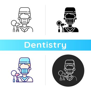 Dentist icon. Dental cavity care. Professional medical assistance. Elimination of toothache. Dentist appointment. Linear black and RGB color styles. Isolated vector illustrations