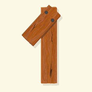 Wood number, wooden plank numeric font held with nails. Vector
