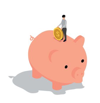 People Characters Standing on piggy bank with coin  Isometric 