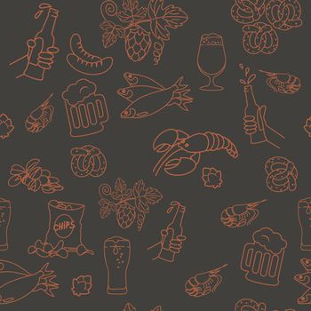 A set of beer and snack icons pattern on a blackboard with chalk