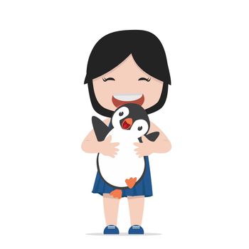 Small girl Hugs  penguin