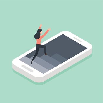 Mobile Phone with woman climb the stairs Isometric