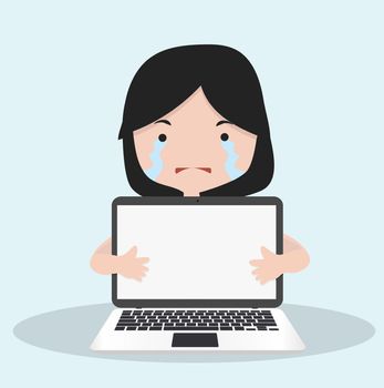 Small Girl cry with holding a laptop