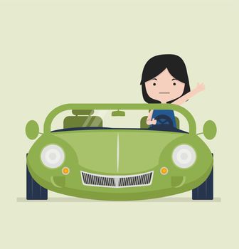 Small girl driving Green car vector illustrator