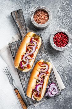 Vegetarian hot dog with with toppings and meatless sausage. White background. Top view