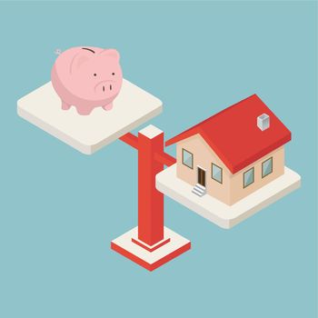 Piggy Bank and house on weighing machine isometric
