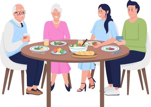 Family members having dinner together semi flat color vector characters