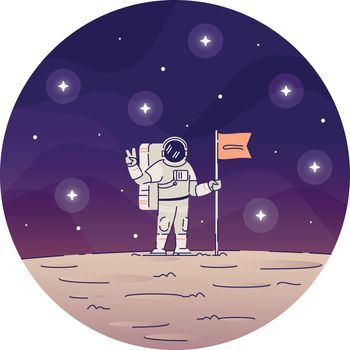 Astronaut planting flag on moon flat concept icon. Male cosmonaut wearing spacesuits, making peace sign with hand sticker, clipart. Planet landing isolated cartoon illustration on white background