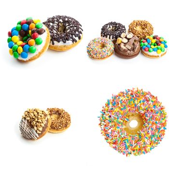 Set of various colorful donuts isolated on white background