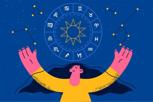 Spirituality and astrology symbols concept. Smiling woman cartoon character raising hands looking at night sky with astrological wheel projection vector illustration