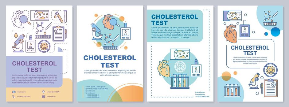 Cholesterol test brochure template layout. Flyer, booklet, leaflet print design with linear illustrations. Cholesterol level control. Vector page layouts for annual reports, advertising posters