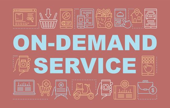 On demand service, e commerce word concepts banner. Modern economy presentation, website. Isolated lettering typography idea with linear icons. Vector outline illustration. Online business