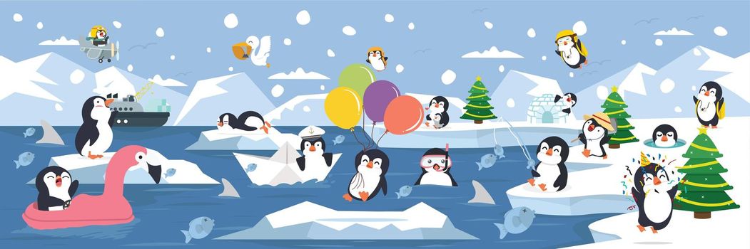 North pole Arctic family penguins background landscape