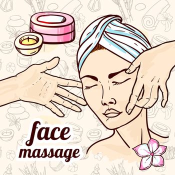 Beautiful hand drawn vector illustration spa salon. Spa woman waiting spa massage her face.