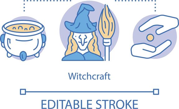 Witchcraft concept icon. Alchemy and wizardry idea thin line illustration. Cauldron with brewing magic potion and evil witch with broomstick vector isolated outline drawing. Editable stroke