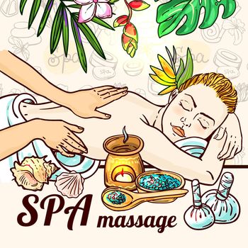 Beautiful vector hand drawn illustration massage. Spa woman gets relax spa massage.