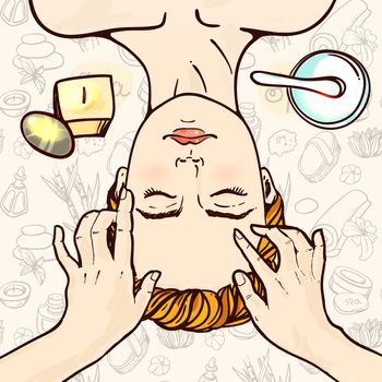 Beautiful hand drawn vector illustration spa salon. Spa woman waiting spa massage her face.