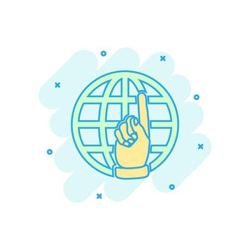 Cartoon colored go to web icon in comic style. Globe world illustration pictogram. WWW url sign splash business concept.