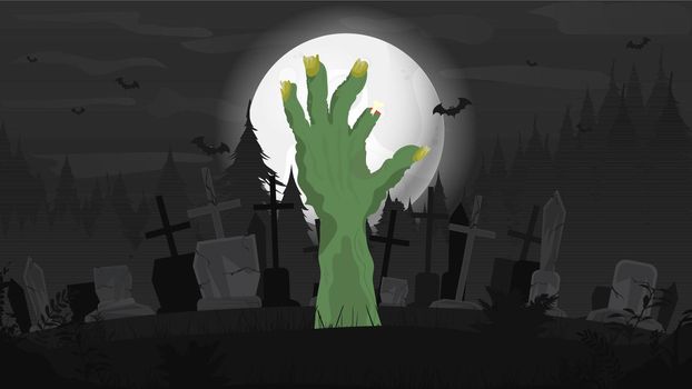 Halloween background with zombies hand in graveyard and the full moon. Vector illustration