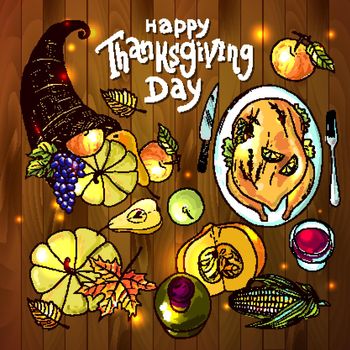 Beautiful vector hand drawn illustration thanksgiving food