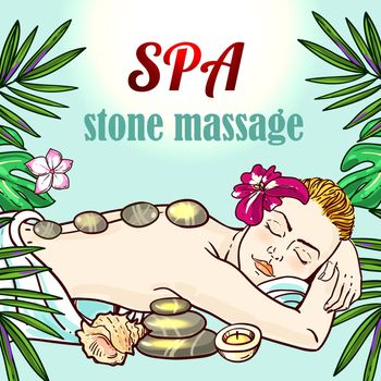 Beautiful vector hand drawn illustration massage. Spa woman gets relax spa massage. Stone massage.