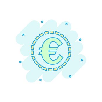 Cartoon colored euro coins icon in comic style. Money coin illustration pictogram. Euro cash sign splash business concept.