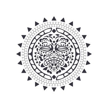 Polynesian Hawaiian style tattoo in the shape of a round mask. Tribal round pattern of the Mayan tribe. Isolated. Vector illustration.