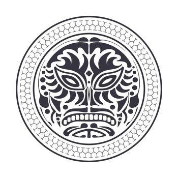 Round tattoo mask in the Polynesian style. Black and white tattoo of the Mayan tribe. Isolated. Vector